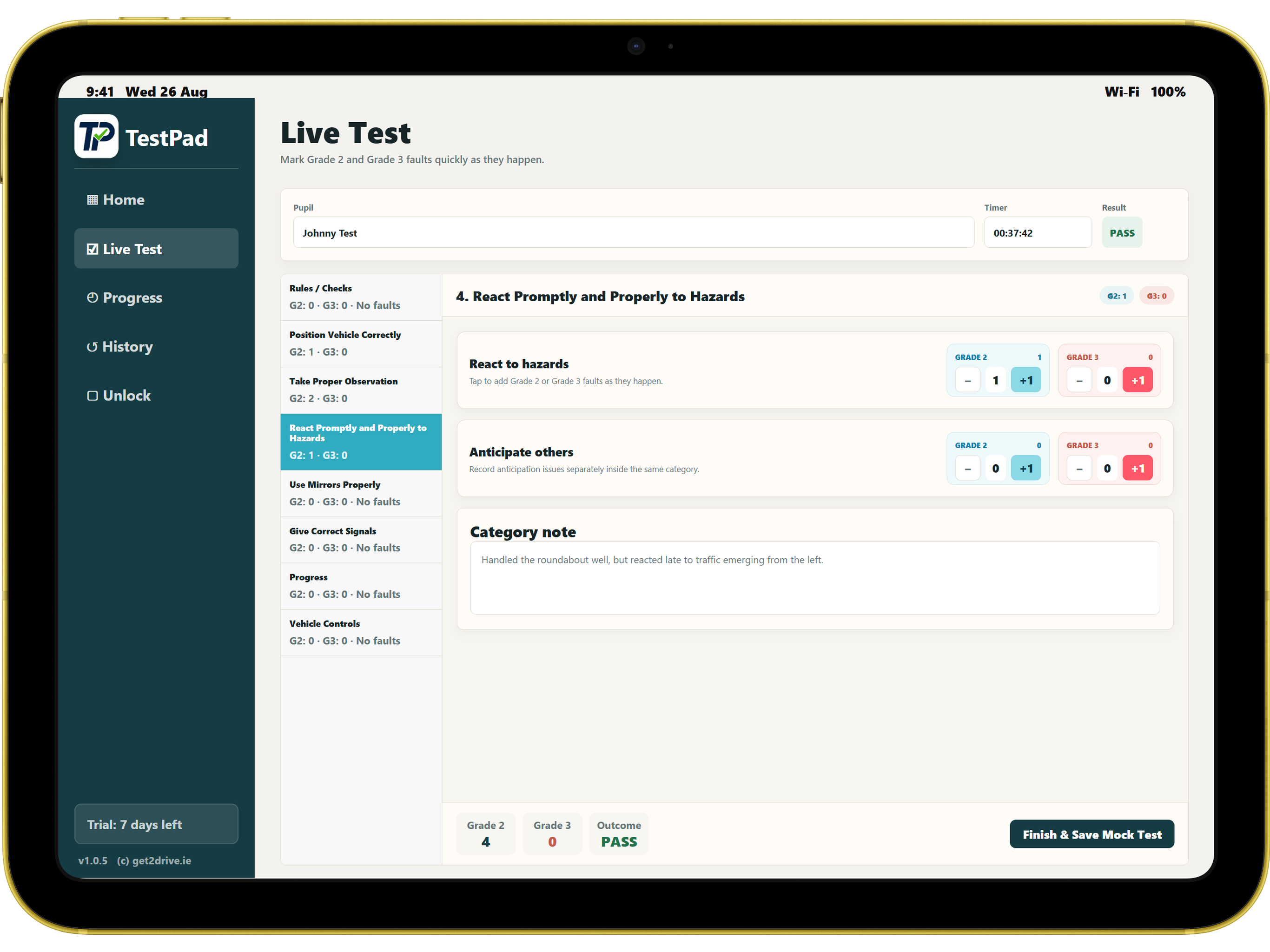 TestPad live mock test marking screen showing pupil details, Grade 2 and Grade 3 counters, category notes, and save controls.