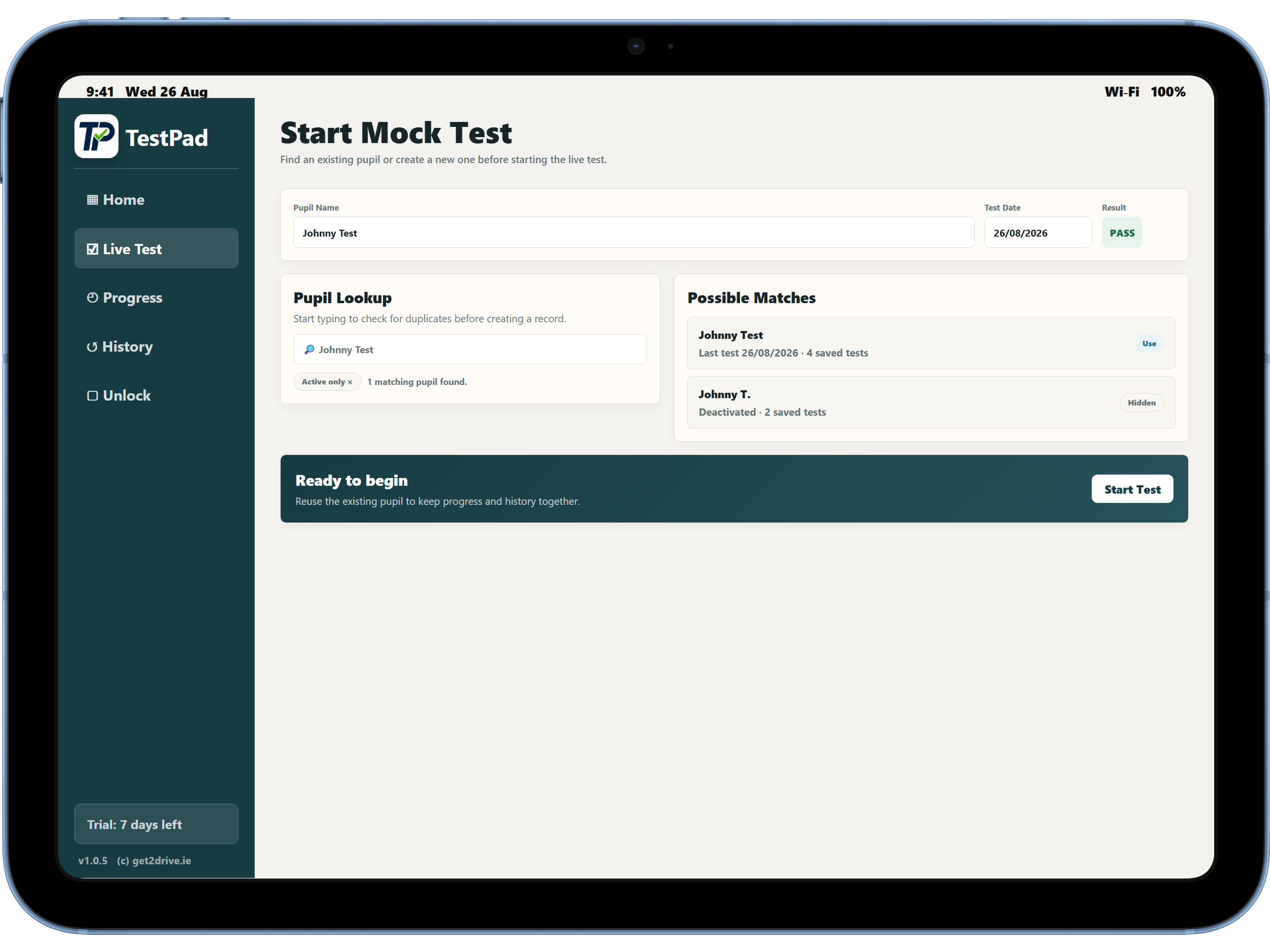 Start Mock Test screen showing pupil details and mock test setup.