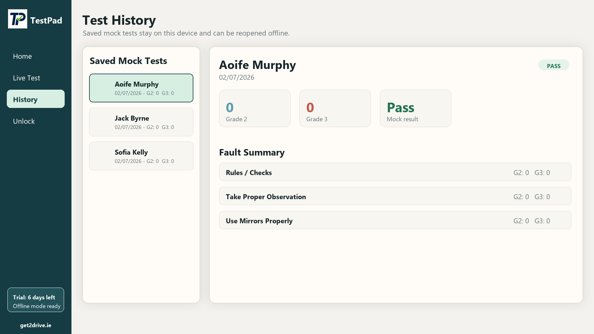 Saved mock test history screen showing reports and outcomes.