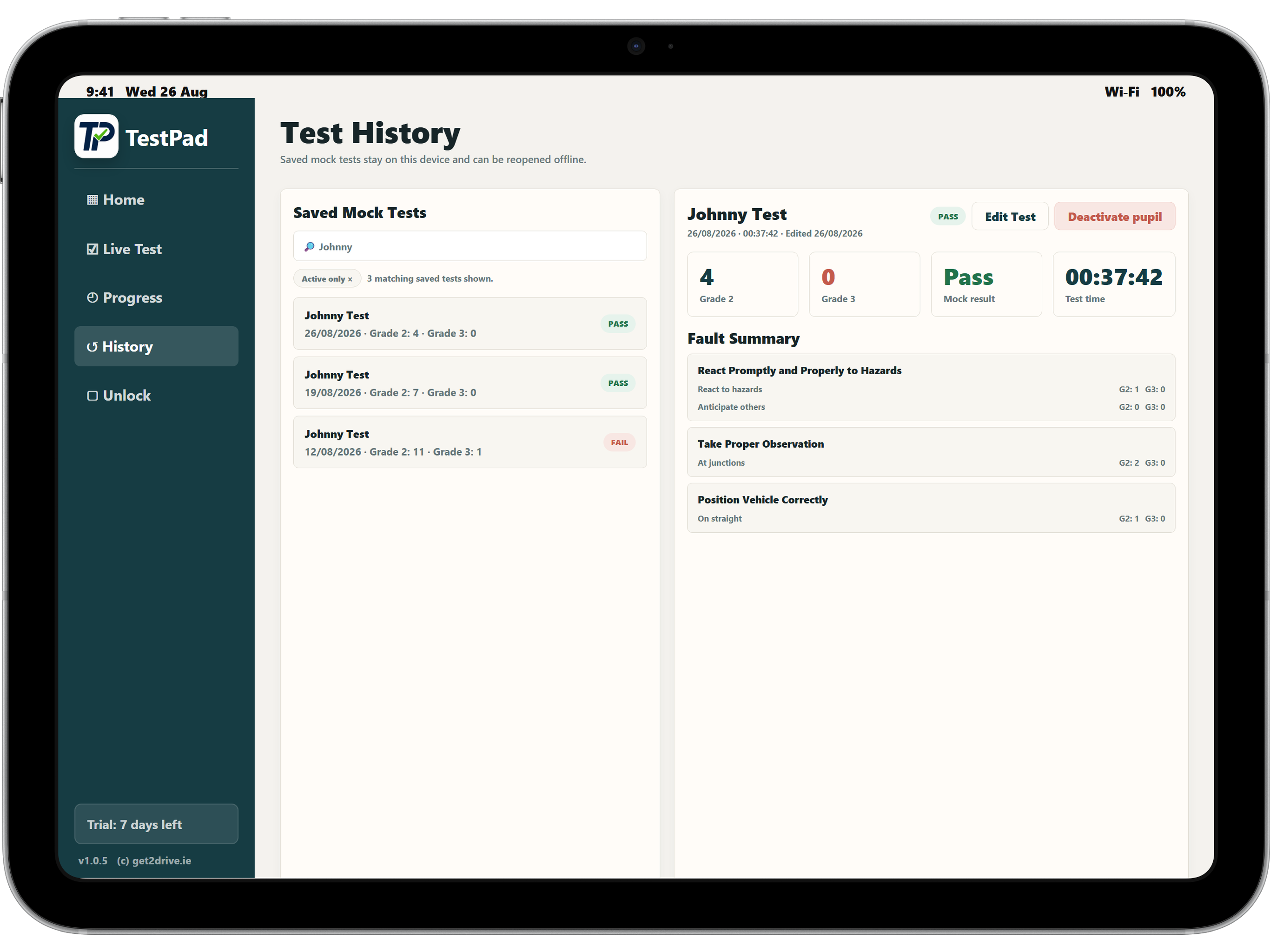 Searchable History screen showing saved mock tests and previous outcomes.